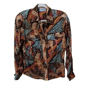 Vintage Adrianna Papell 100% silk geometric print blouse 12 career office top